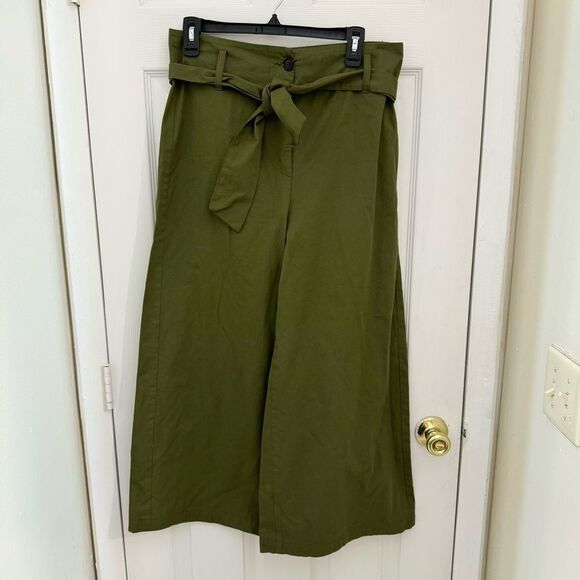 Iris & Ink Wide Leg Paperbag Pants Size 10 Green Made in Italy 100% Cotton - Picture 1 of 9
